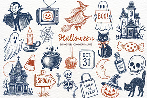 Vintage Halloween Clipart PNG Doodle