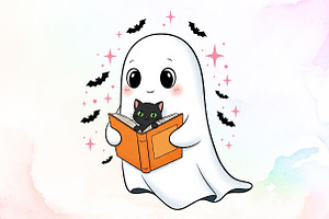 Cute Halloween Ghost Reading Book PN, an Illustration by Sublimation Artist