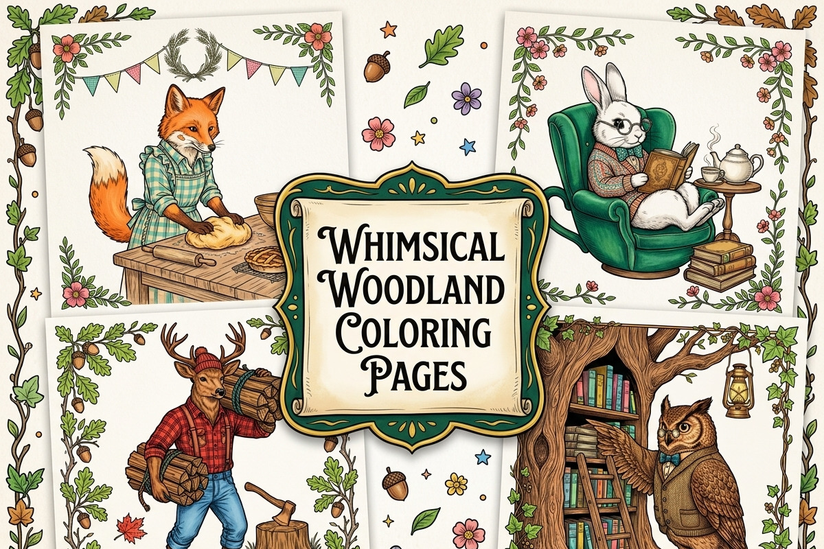 Whimsical Woodland Coloring Pages, an Animal Illustration by Image for Sale (Photo 1 of 3)