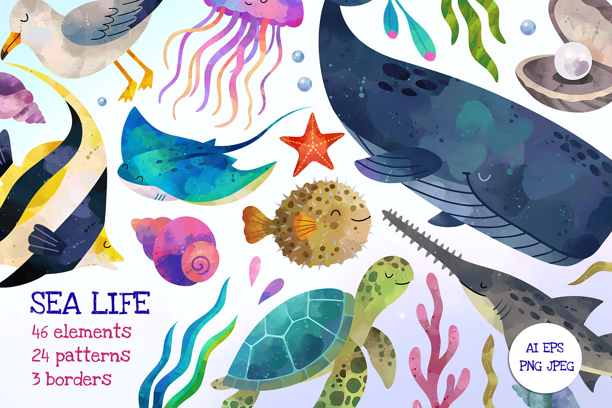 Sea Life. Watercolor Ocean Clipart, an Animal Illustration by Hanna's ArtLab (Photo 1 of 5)