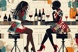 Stylized illustration of two friends enjoying wine at a vibrant bar, a Photo by AS photostudio