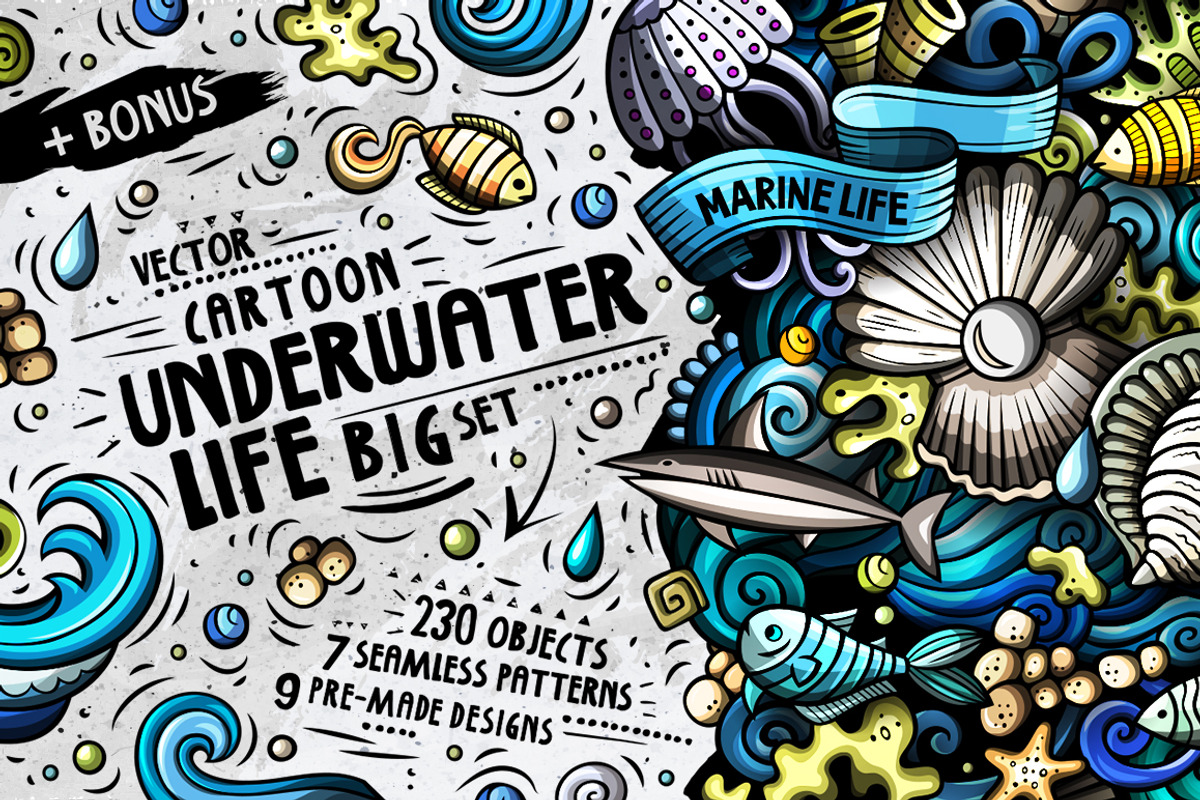 Sea Life Cartoon Doodle Big Pack, a Decorative Illustration by BALABOLKA (Photo 1 of 10)