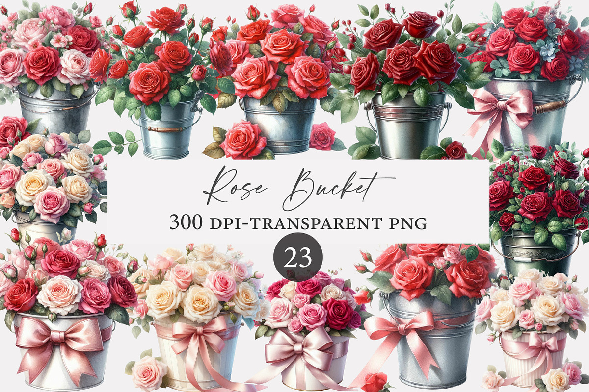 Watercolor Rose Bucket clipart, an Illustration by Designworld (Photo 1 of 5)