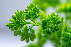 Curly parsley leaves glistening with water droplets in close-up macro shot, a Food & Drink Photo by AlyaAnd
