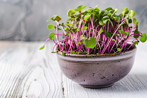 Fresh purple radish microgreen in bowl on wooden table, a Food & Drink Photo by AlyaAnd