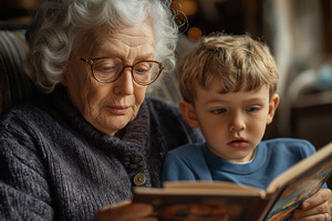 An elderly Caucasian woman shares a story with a young boy, creating a warm and, a Person Photo by ImageMir