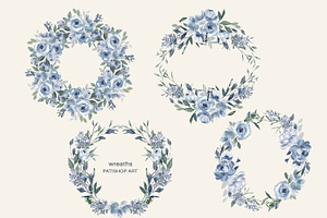 Watercolor Dusty Blue Floral Clipart