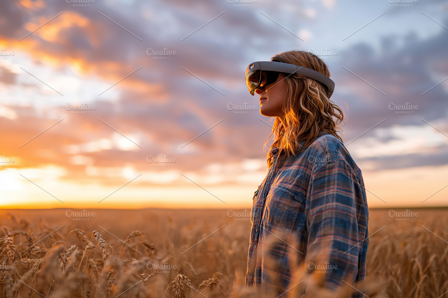 Woman stands in harvested wheat field at sunset wearing augmented reality glass, a Person Photo by AlyaAnd