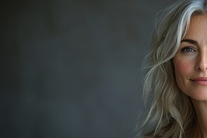Confident mature woman with long silver wavy hair smiling gently, a Person Photo by José Manuel Gelpi