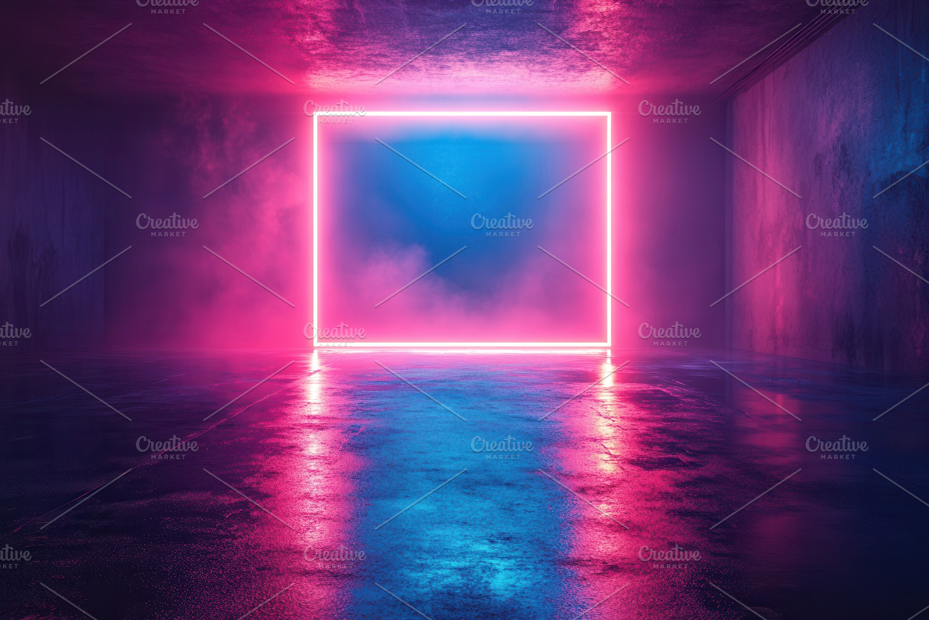 Neon light frame in an empty room wi, a Photo by Tanuart