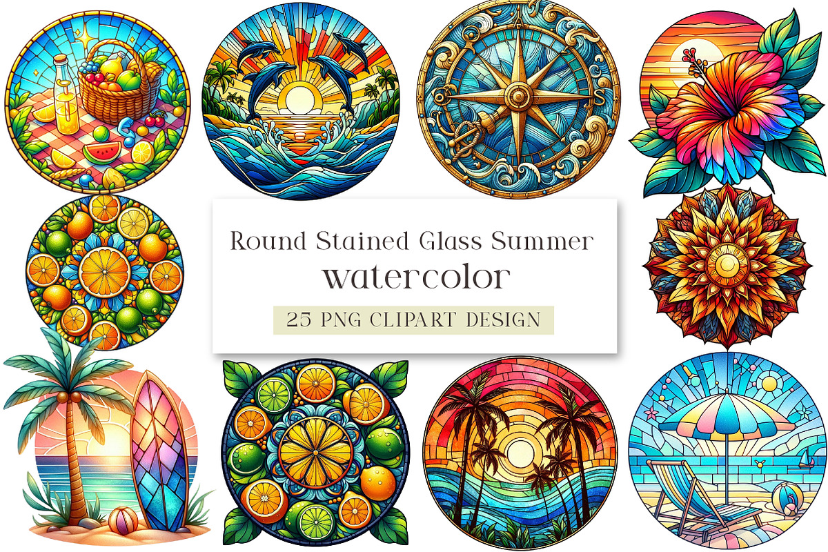 Round Stained Glass Summer Clipart, an Illustration by DreamArtGraphic (Photo 1 of 4)