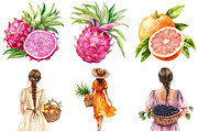 Watercolor Fruits Girl Clipart, a Seasonal Illustration by CitraGraphics (Thumbnail 4 of 6)