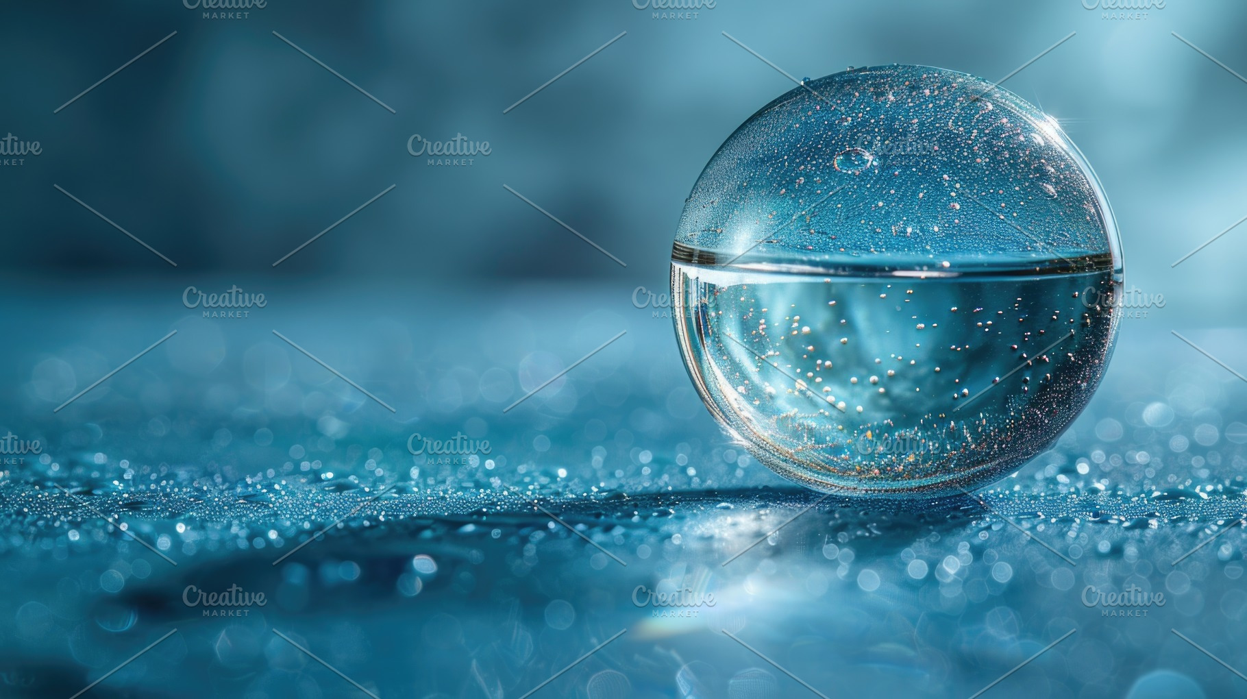 Blue glass sphere with sparkling bubbles on water surface, luxur, an Abstract Photo by José Manuel Gelpi