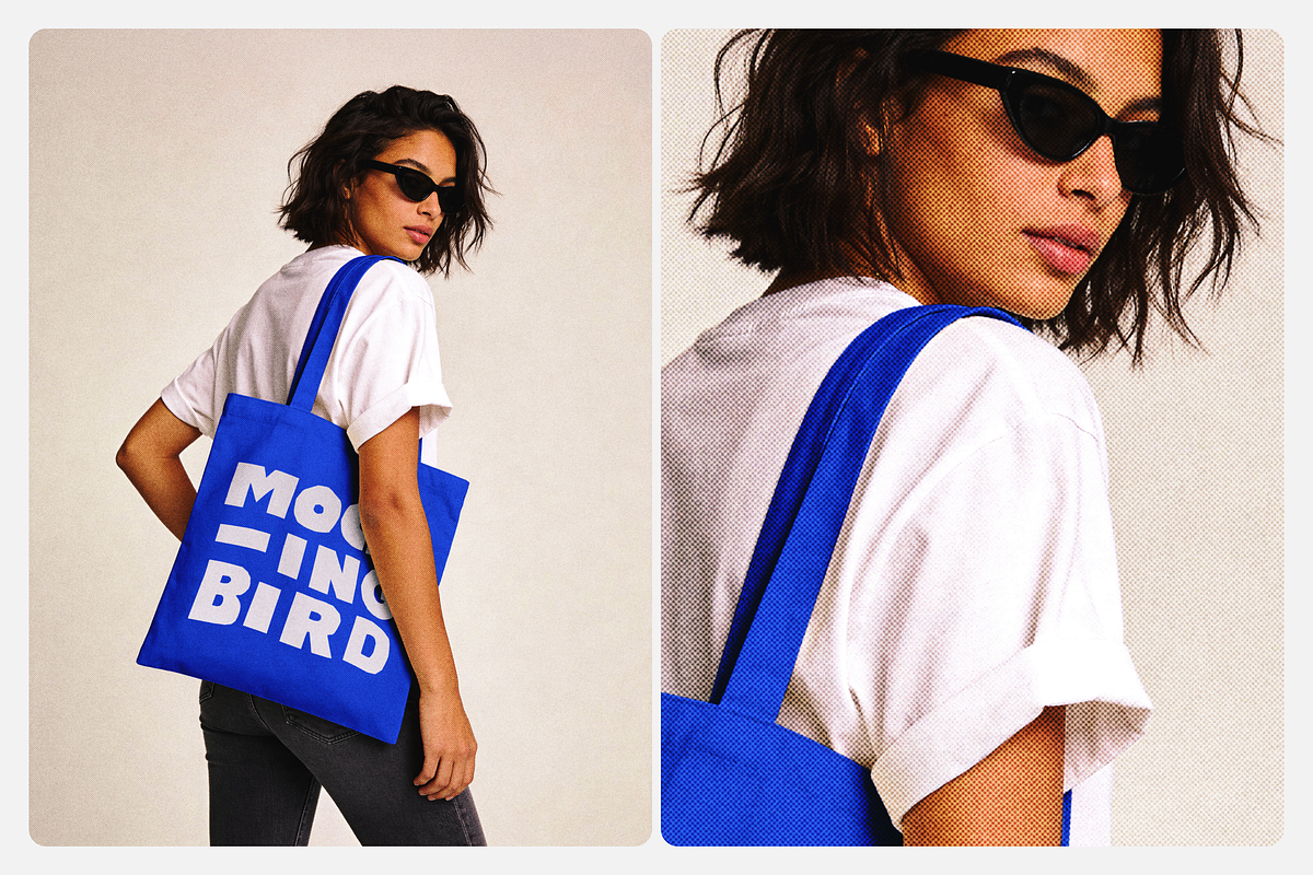 Young woman wearing canvas tote bag, a Merchandise Mockup by Mockingbird (Photo 3 of 6)