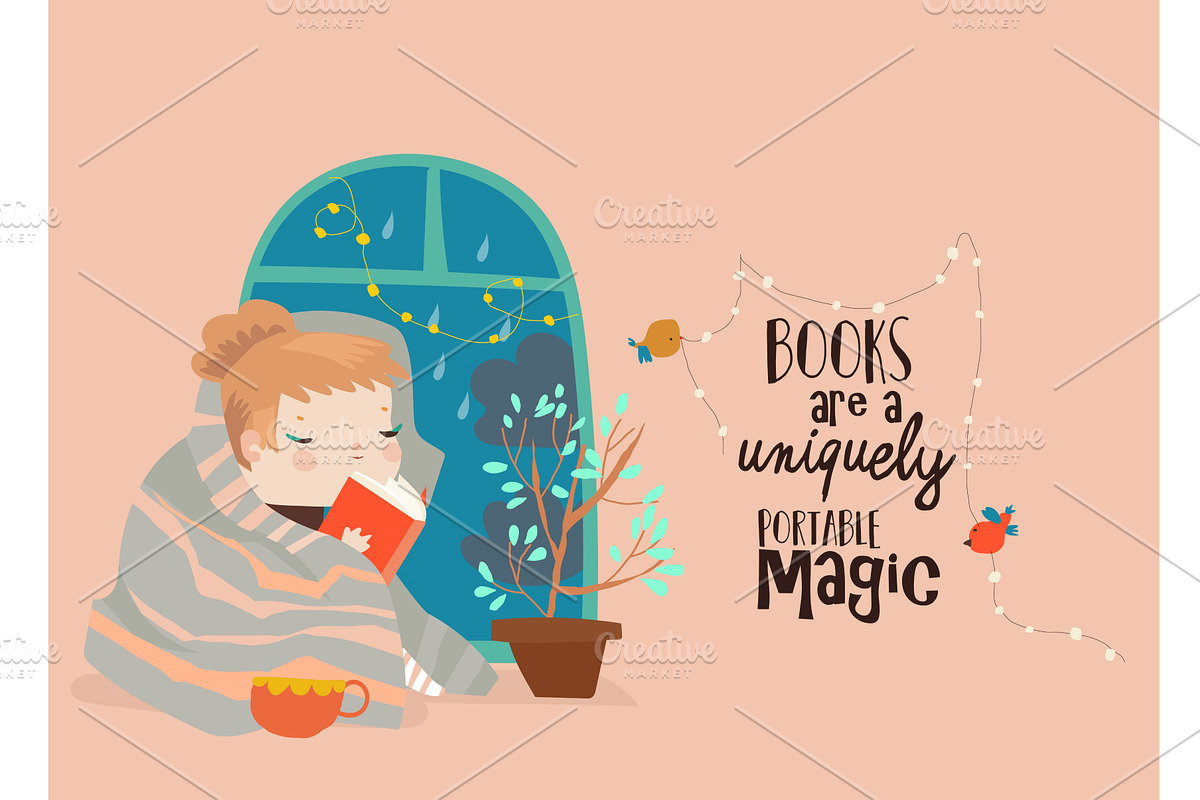 Girl reading book by window with, a Person Illustration by Maria Starus