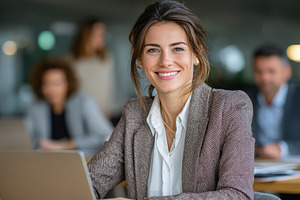 Smiling businesswoman at work laptop, a Photo by Pixeness Studio
