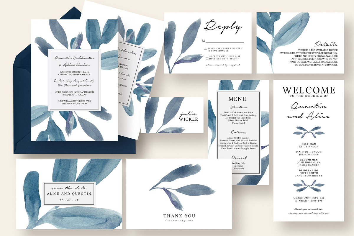 Blue Watercolor Leaves Wedding Suite, an Invitation Template by Knotted Design (Photo 1 of 4)