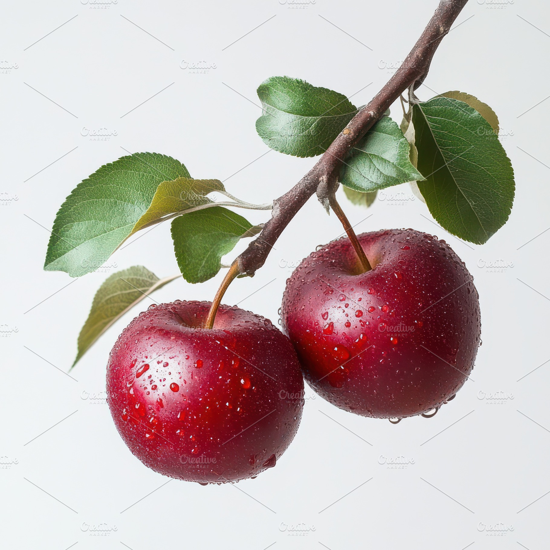 Two red apples with green leaves han, a Food & Drink Photo by Pixeness Studio