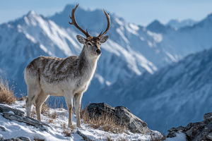 Majestic Deer in Snowy Mountains Win, a Photo by Pixeness Studio