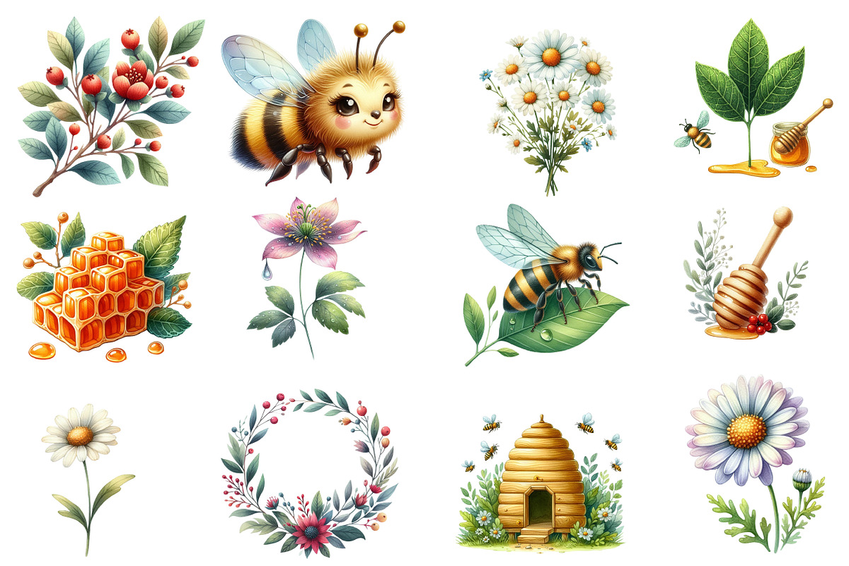 Cute Bee watercolor clipart, an Illustration by Designworld (Photo 2 of 5)