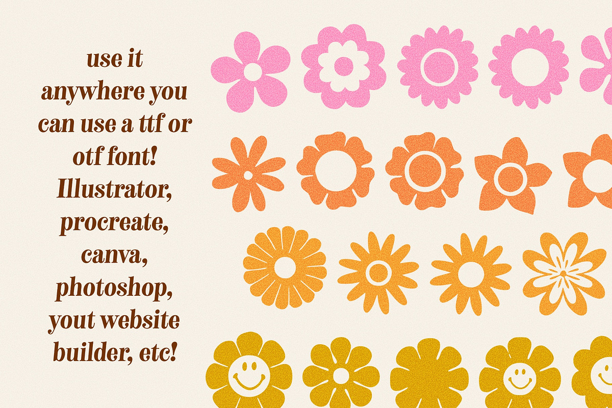 Retro Flowers Illustration Font, a Symbol Font by Dear Darling Design (Photo 6 of 13)