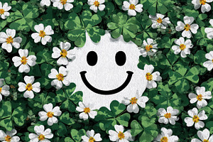 Smiley face hidden in clover leaves and white flowers symbolizin, an Abstract Photo by José Manuel Gelpi