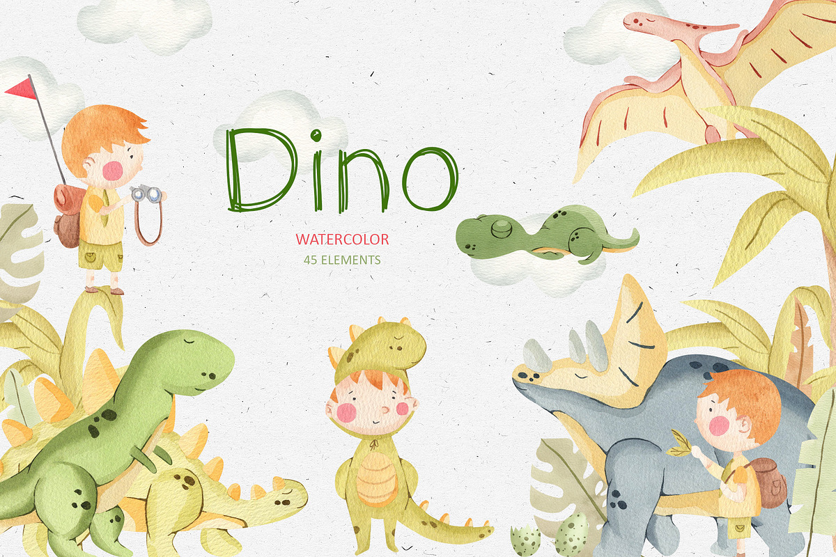 Dino Land Watercolor Clipart, an Animal Illustration by natalisart (Photo 1 of 11)
