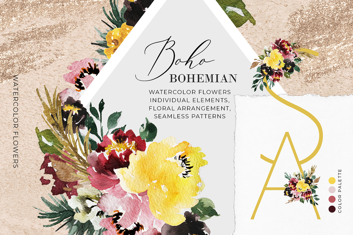 Watercolor Flower Clipart Boho Style, a Decorative Illustration by WalaPalette (Photo 1 of 6)
