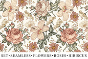 Set Seamless Flowers Roses Hibiscus, a Pattern Graphic by Vintage (Thumbnail 1 of 13)