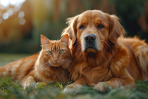 A golden retriever and an orange tabby cat relax together in a sunlit garden, s, an Animal Photo by ImageMir