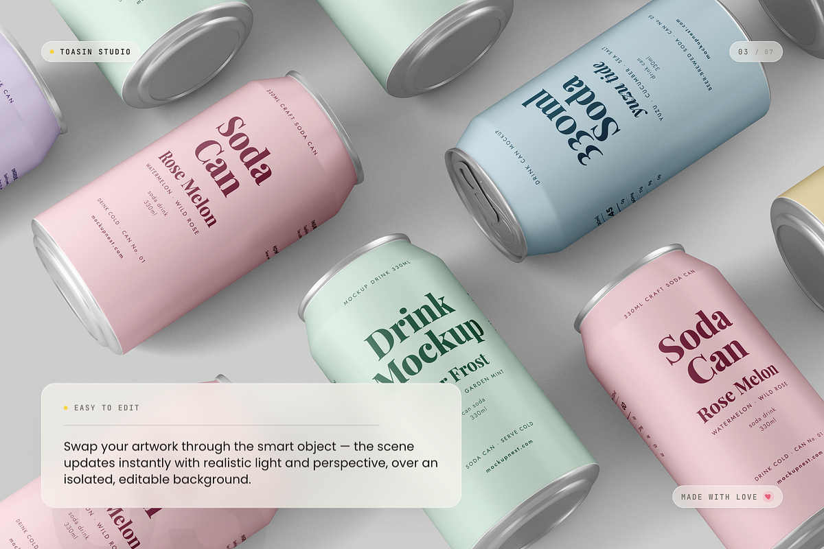 330ml Soda Can Mockup, a Packaging Mockup by Toasin Studio (Photo 3 of 7)