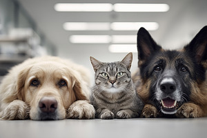 Two dogs and a cat lying together, an Animal Photo by MistyDay