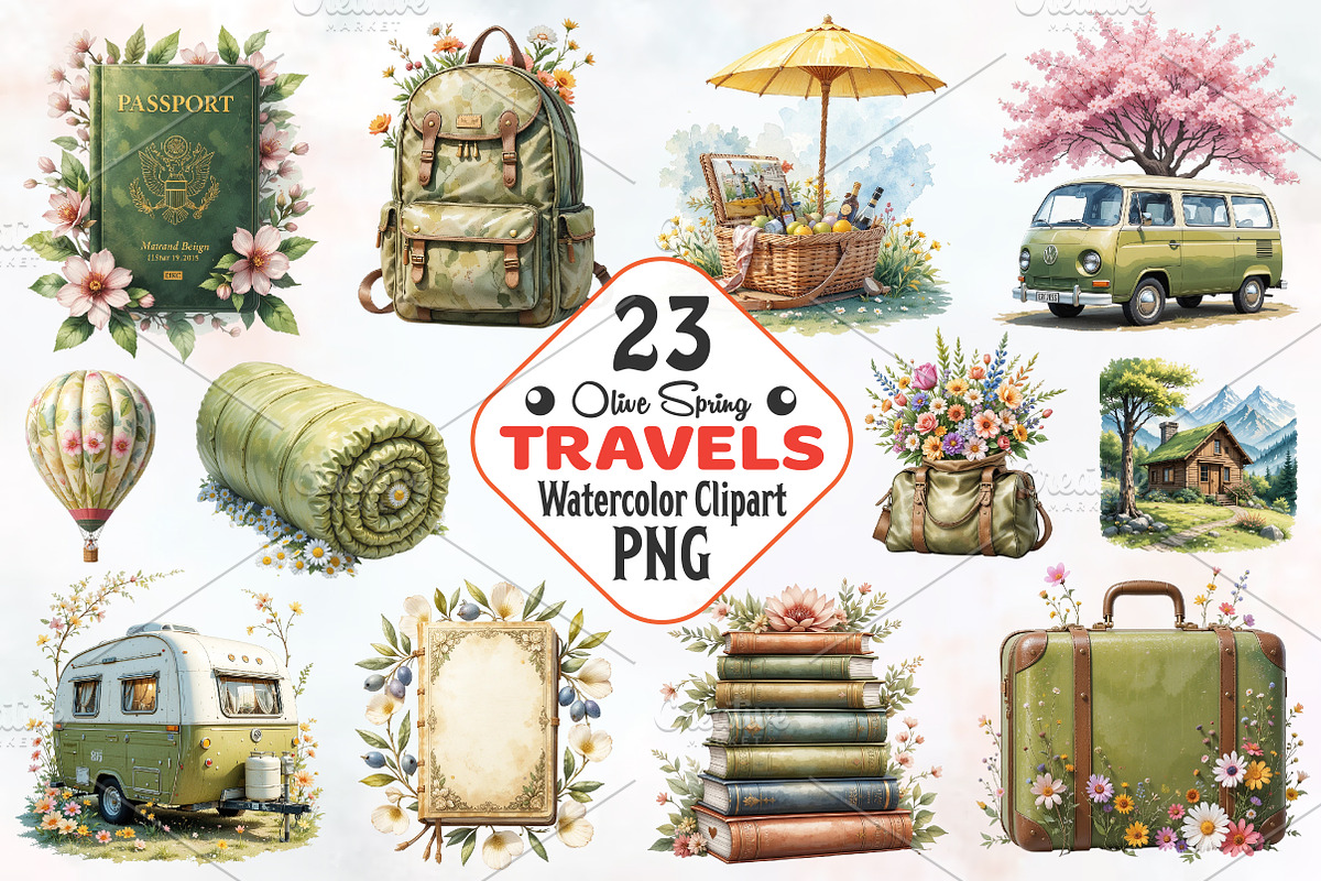 Olive Spring Travel Watercolor PNG, an Illustration by RobertsArt (Photo 1 of 8)