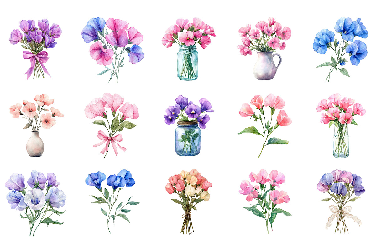 Sweet Pea Flower Clipart Bundle, an Illustration by Designking (Photo 3 of 5)