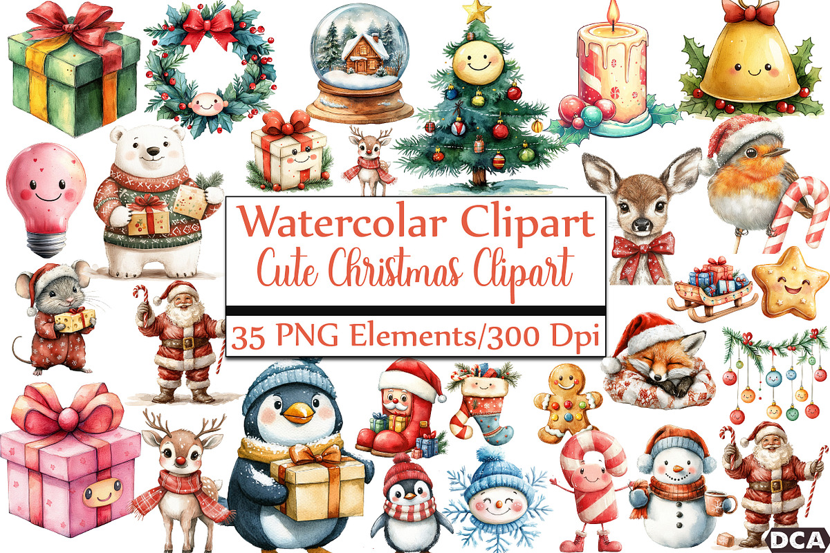 Cute Christmas Clipart, Png, an Illustration by DreamCafeArt (Photo 1 of 7)
