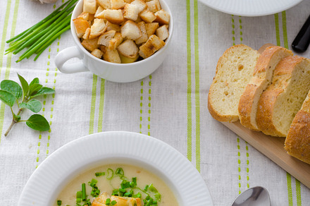 Garlic soup with croutons spring onions and chives stock photo containing, a Food & Drink Photo by Stepanek Photography