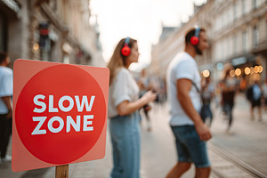 Slow zone sign near pedestrians enjoying a busy street with muted atmosphere in, a Photo by AlyaAnd