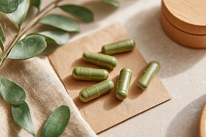 Green capsules on a natural background with leaves and wooden elements showcasi, a Health & Medical Photo by AlyaAnd