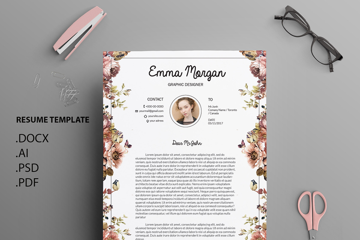 Floral side CV / Resume Template / M, a Resume Template by Showy68 Template (Photo 3 of 3)