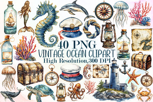 Vintage Ocean Clipart Bundle, an Illustration by Sublimation Artist