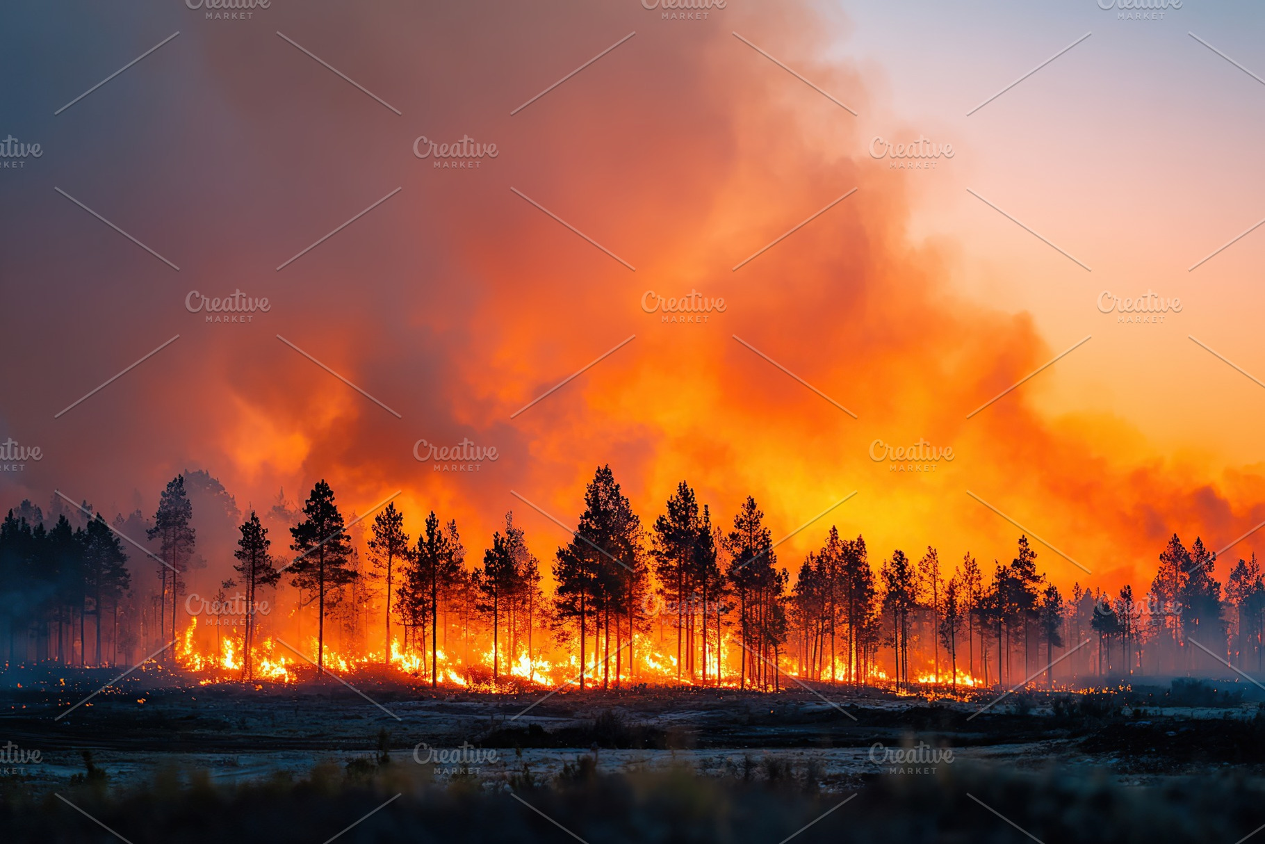 Wildfire consumes forest at dusk with bright flames and heavy smoke filling the, a Photo by AlyaAnd