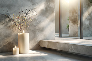 A serene corner featuring two lit candles and a decorative vase, creating a war, a Business Photo by ImageMir