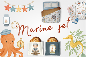 Large set of cute sea illustrations