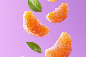 Fresh mandarin wedges floating against a vibrant purple background with green l, a Food & Drink Photo by AlyaAnd