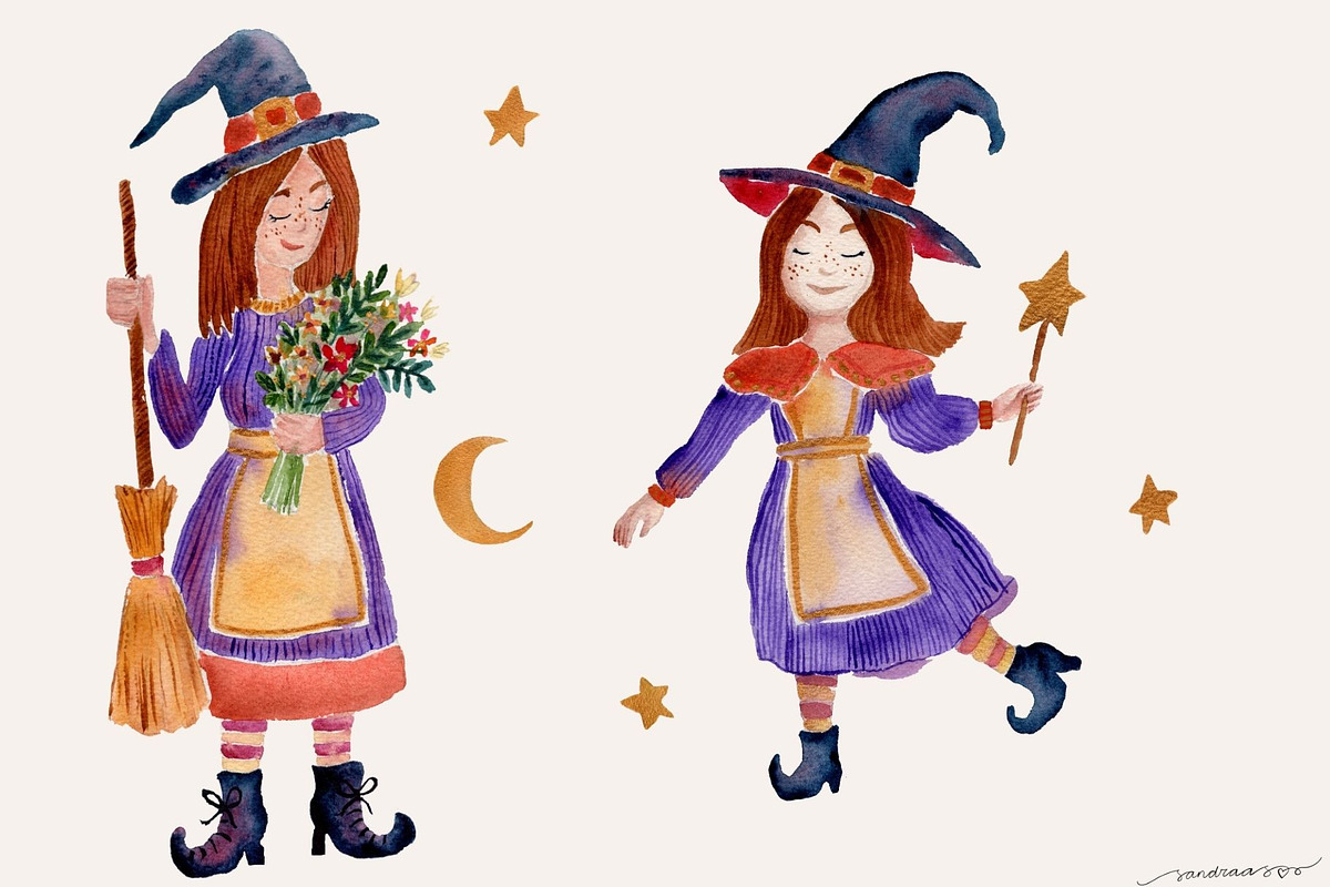 Cozy Autumn Witch Watercolor Clipart, a Seasonal Illustration by SandraGraphicDesign (Photo 3 of 5)
