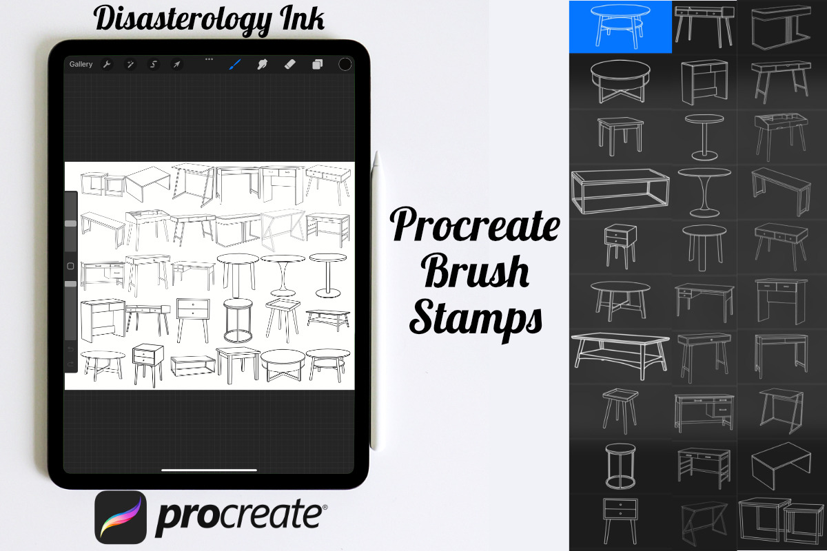 Desk Table Furniture Set 1 Procreate, a Brush Add-On by Disasterology Ink