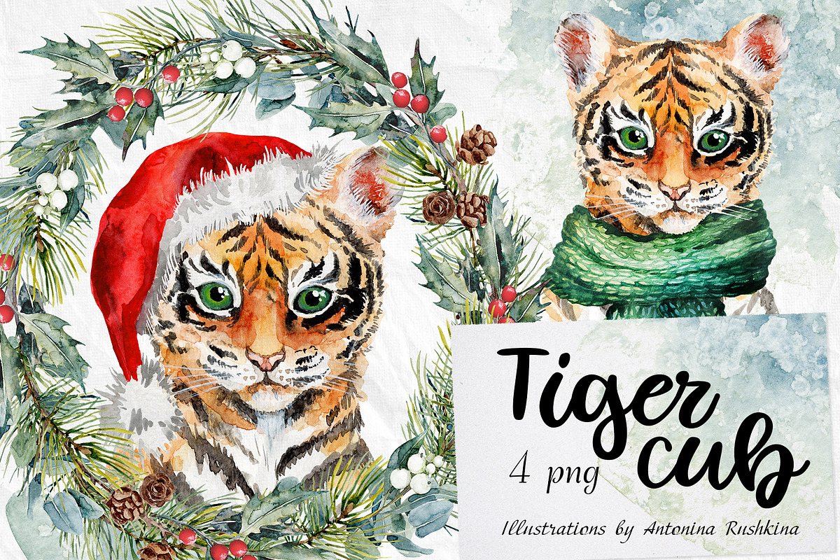 Christmas Watercolor tiger cubs, an Illustration by RushkinaAntonina (Photo 1 of 2)