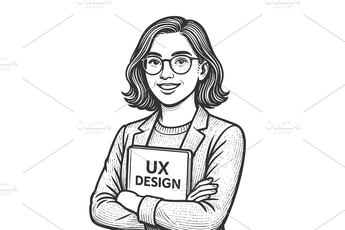 Smiling female UX designer engraving, a Person Illustration by AlexArt