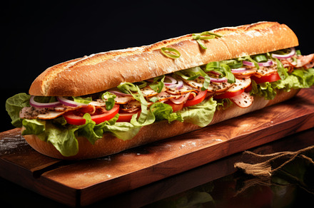 Submarine sandwich with ham, cheese, lettuce, tomatoes,onion on wooden table, a Food & Drink Photo by Natalia Klenova's Shop