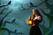 Fantasy Forest Women with a Lantern, a Person Illustration by Sharon Schwalbe (Thumbnail 2 of 2)
